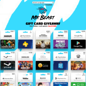 Fake MrBeast gift card giveaway claim page with a grid of digital cards