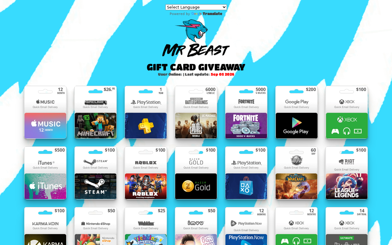 Jimmy Giveaway EXPOSED: Fake MrBeast Gift Card Giveaway Scam 1 Fake MrBeast gift card giveaway claim page with a grid of digital cards
