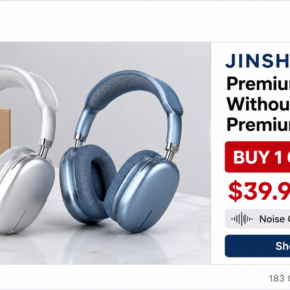 Social media advertisement promoting Jinshi wireless headphones with a buy one get one offer