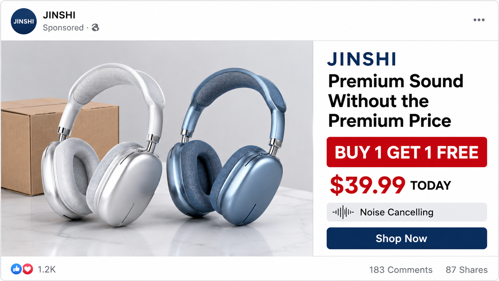 Social media advertisement promoting Jinshi wireless headphones with a buy one get one offer