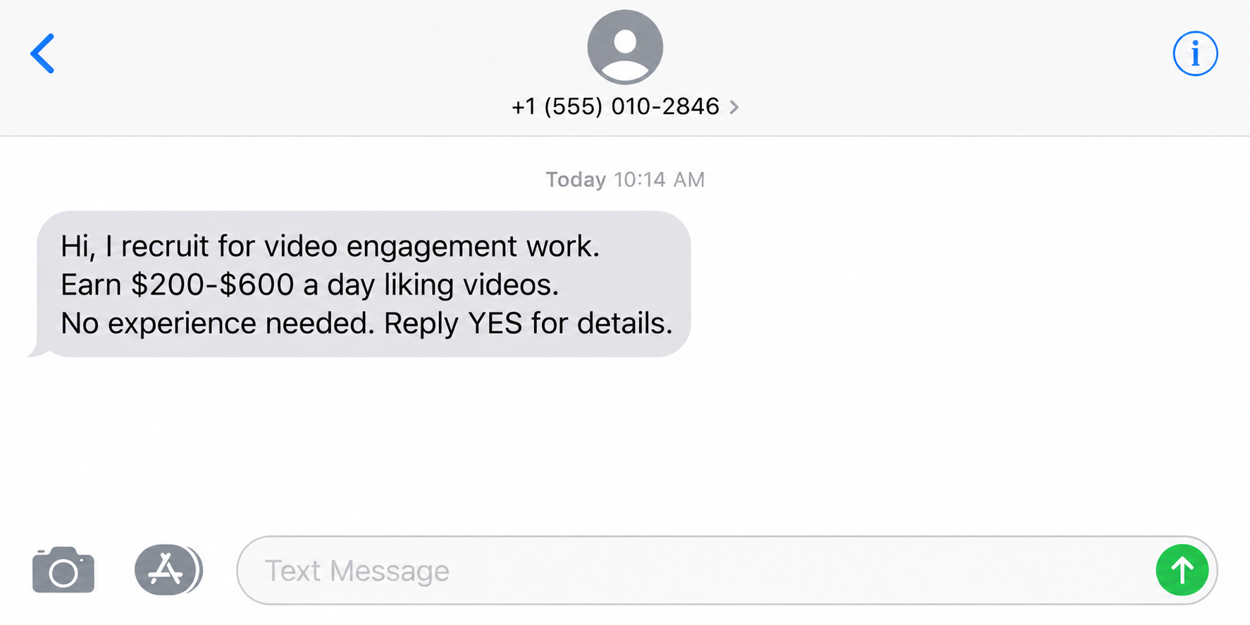 Fictional reconstruction of an unsolicited SMS offering high daily pay for video engagement tasks