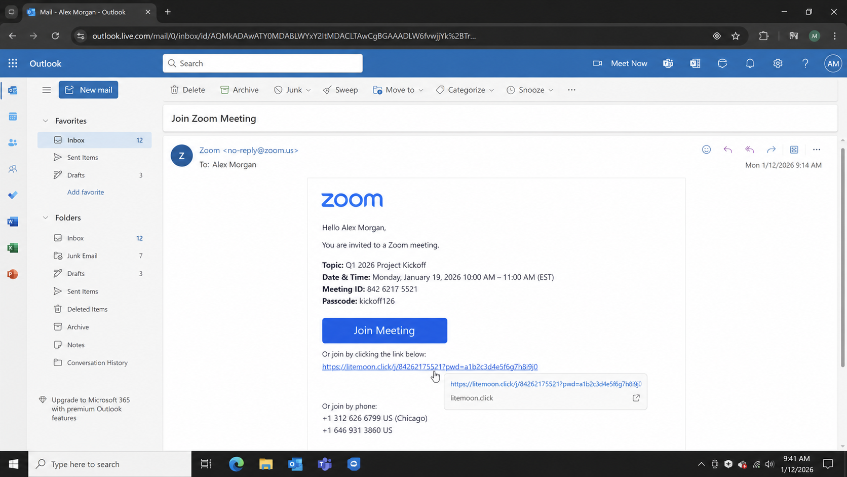 Join Zoom Meeting phishing email containing a link to an unrelated domain