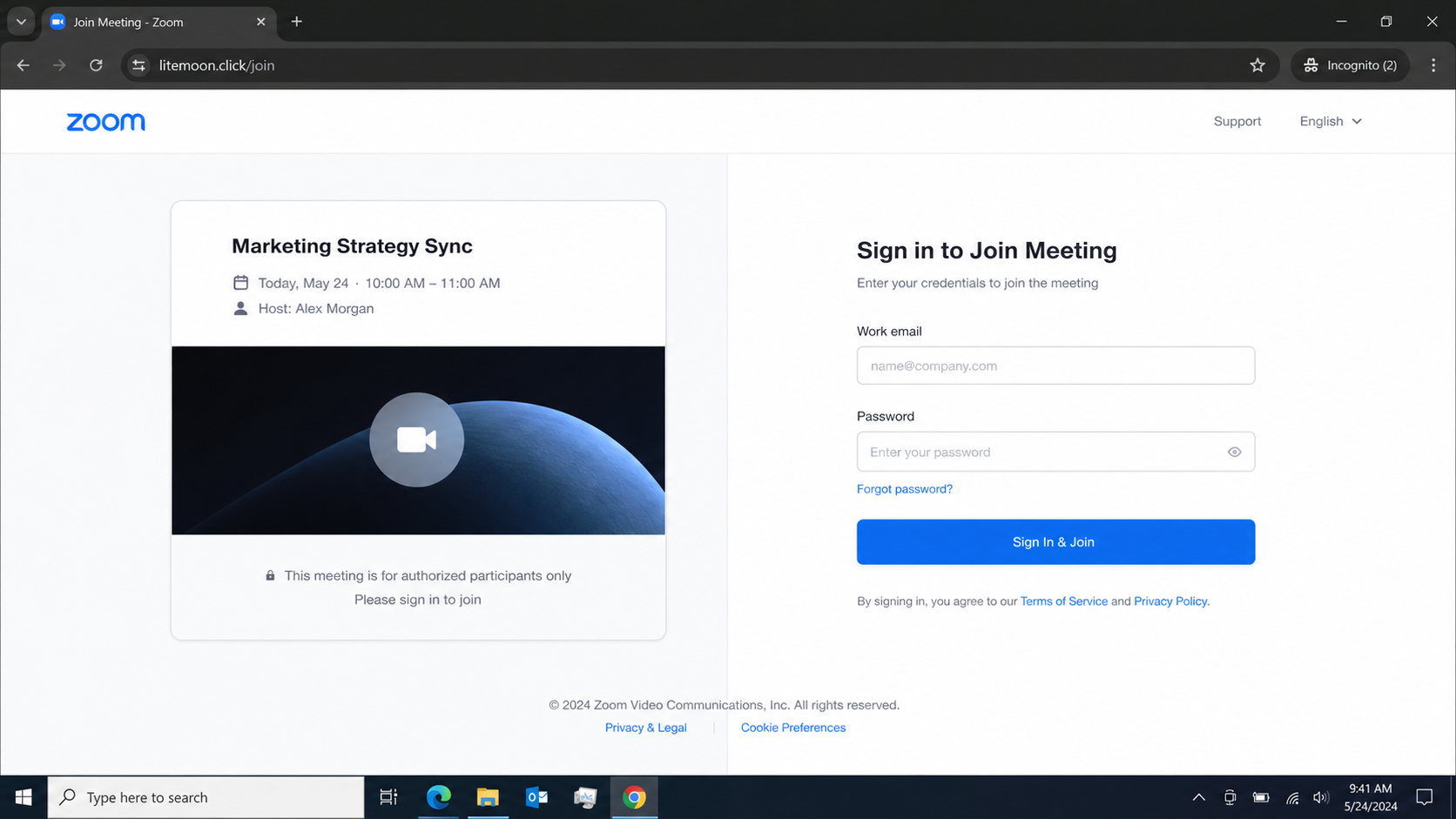 Fake Zoom sign-in page on litemoon.click asking for work email and password