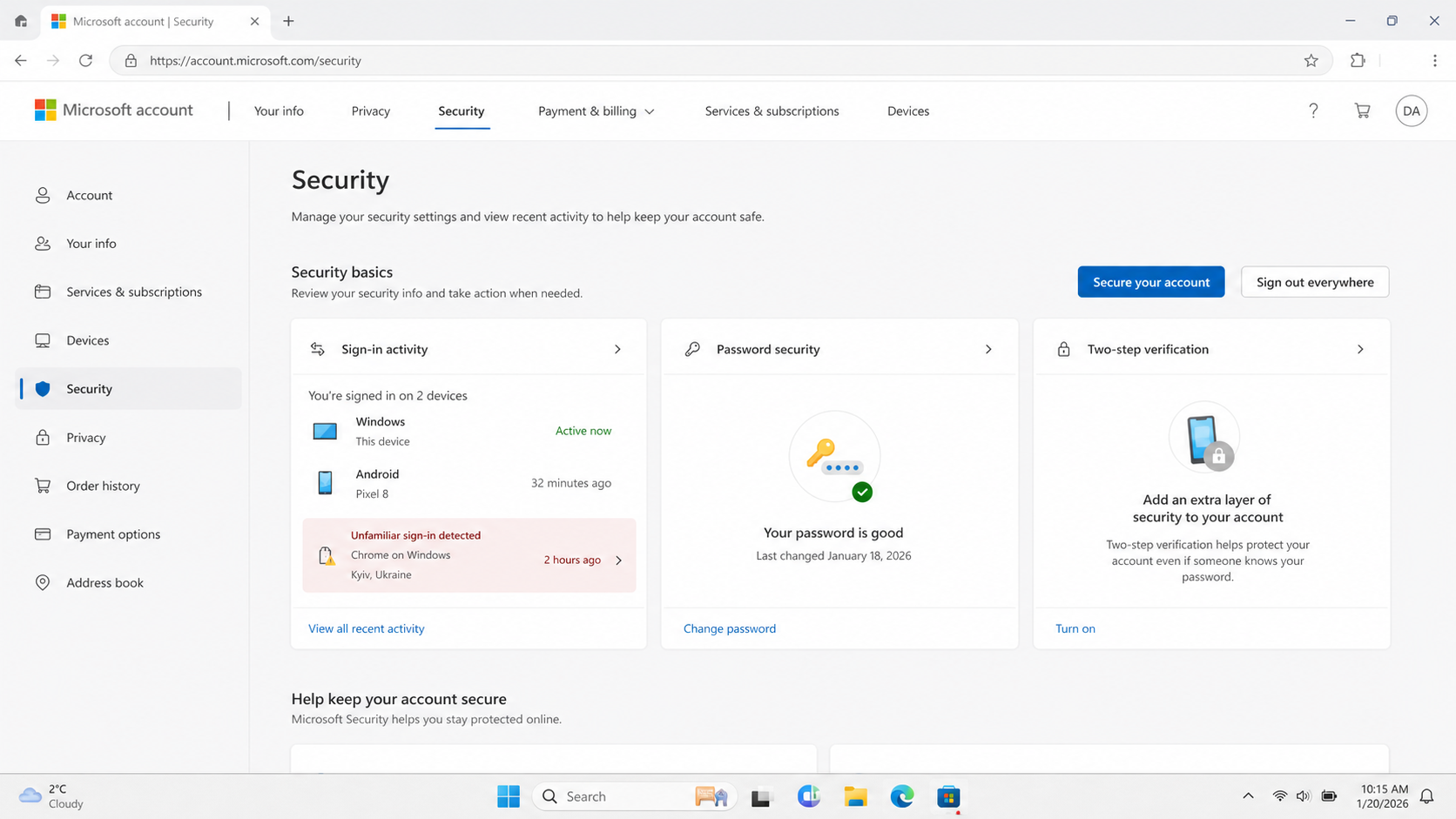 Account security dashboard showing an unfamiliar sign-in after fake Zoom login