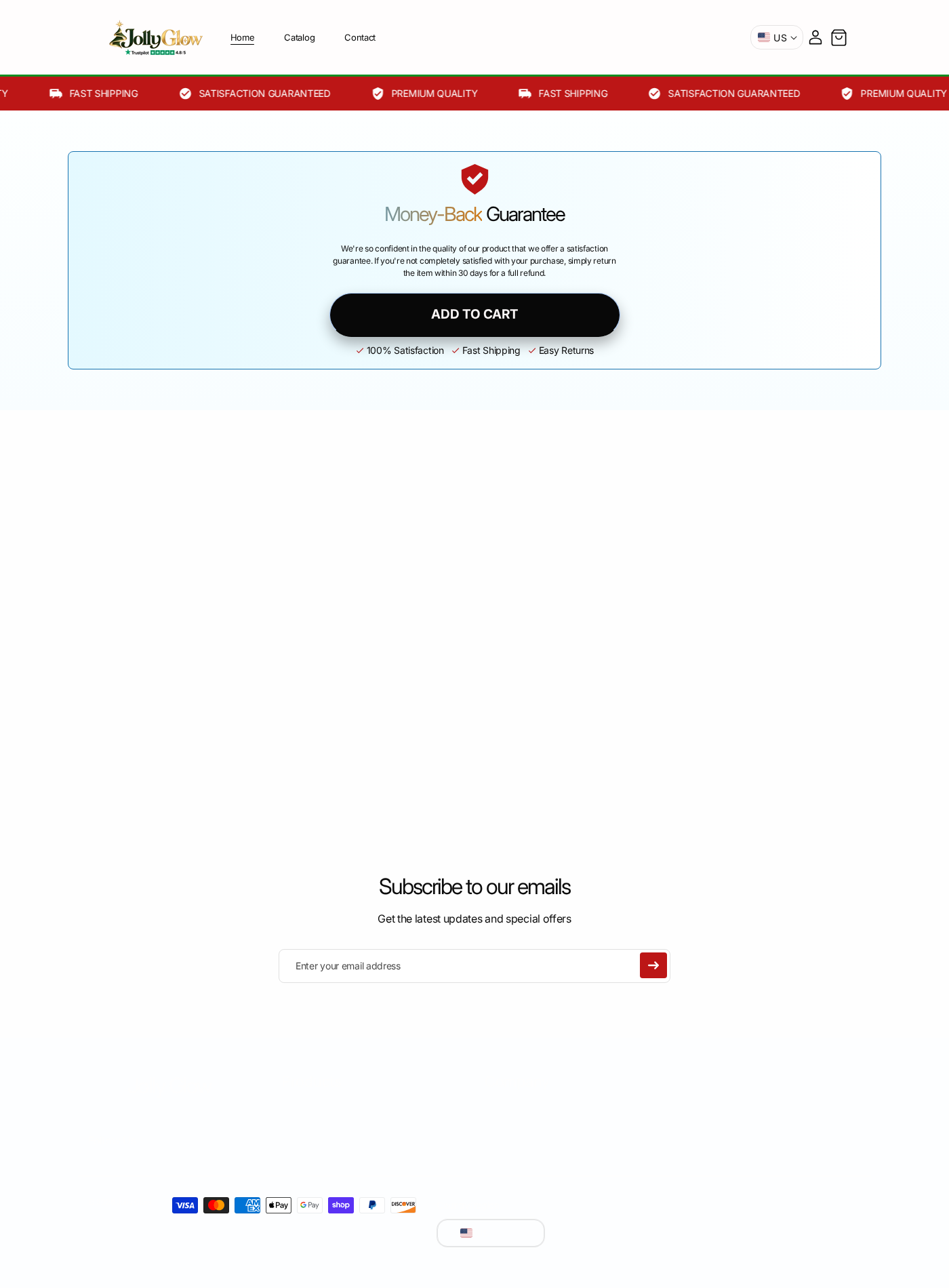 JollyGlow homepage showing a money-back guarantee, fast shipping, and easy returns without detailed policy links
