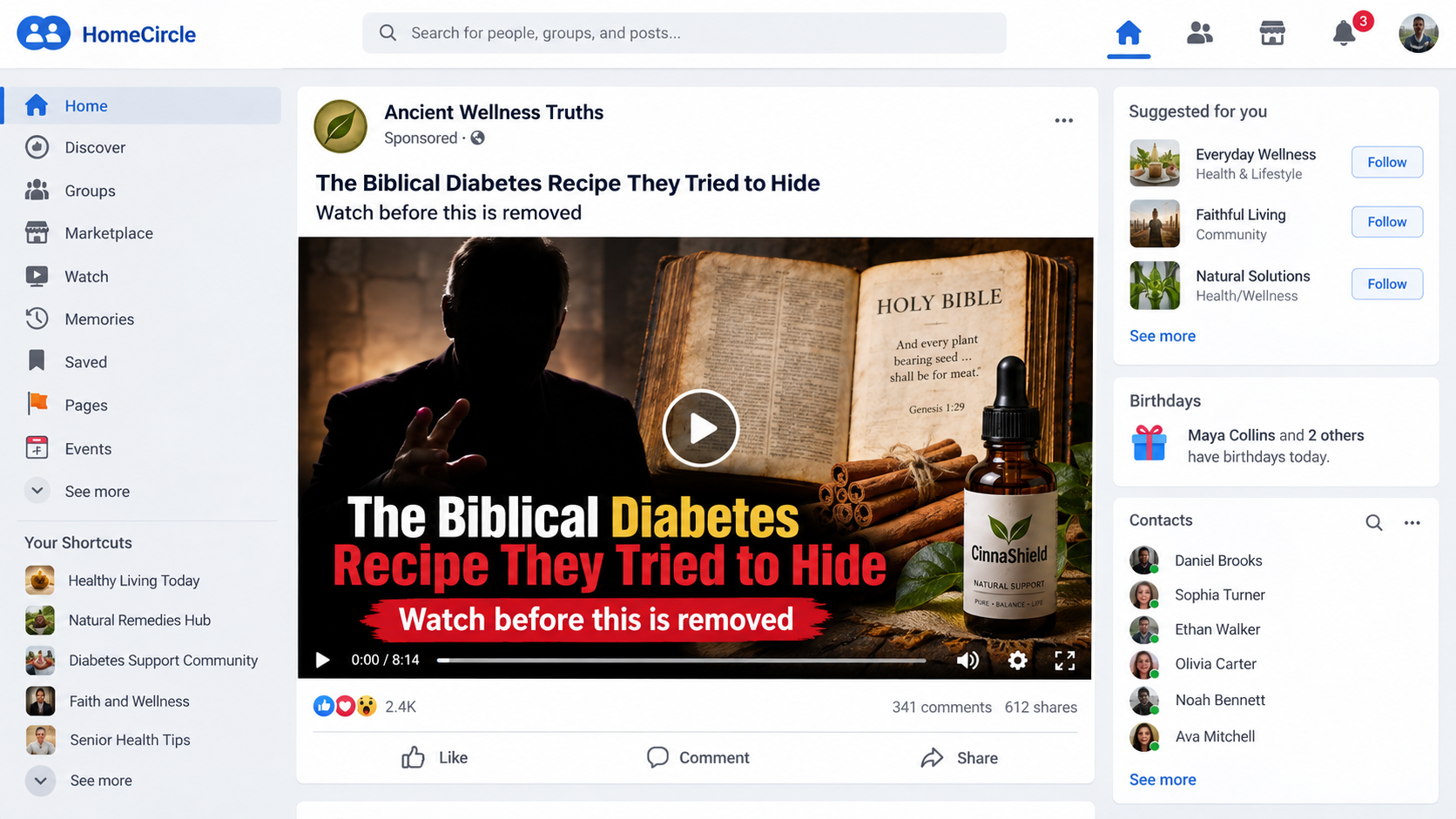 Sponsored social media video advertising a biblical diabetes recipe with cinnamon and a supplement bottle