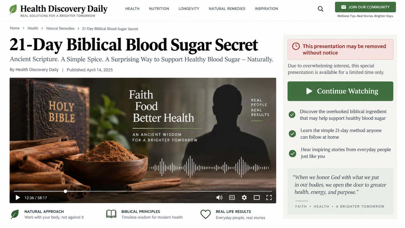 Fake health advertorial presenting a 21-day biblical blood sugar secret through a long video