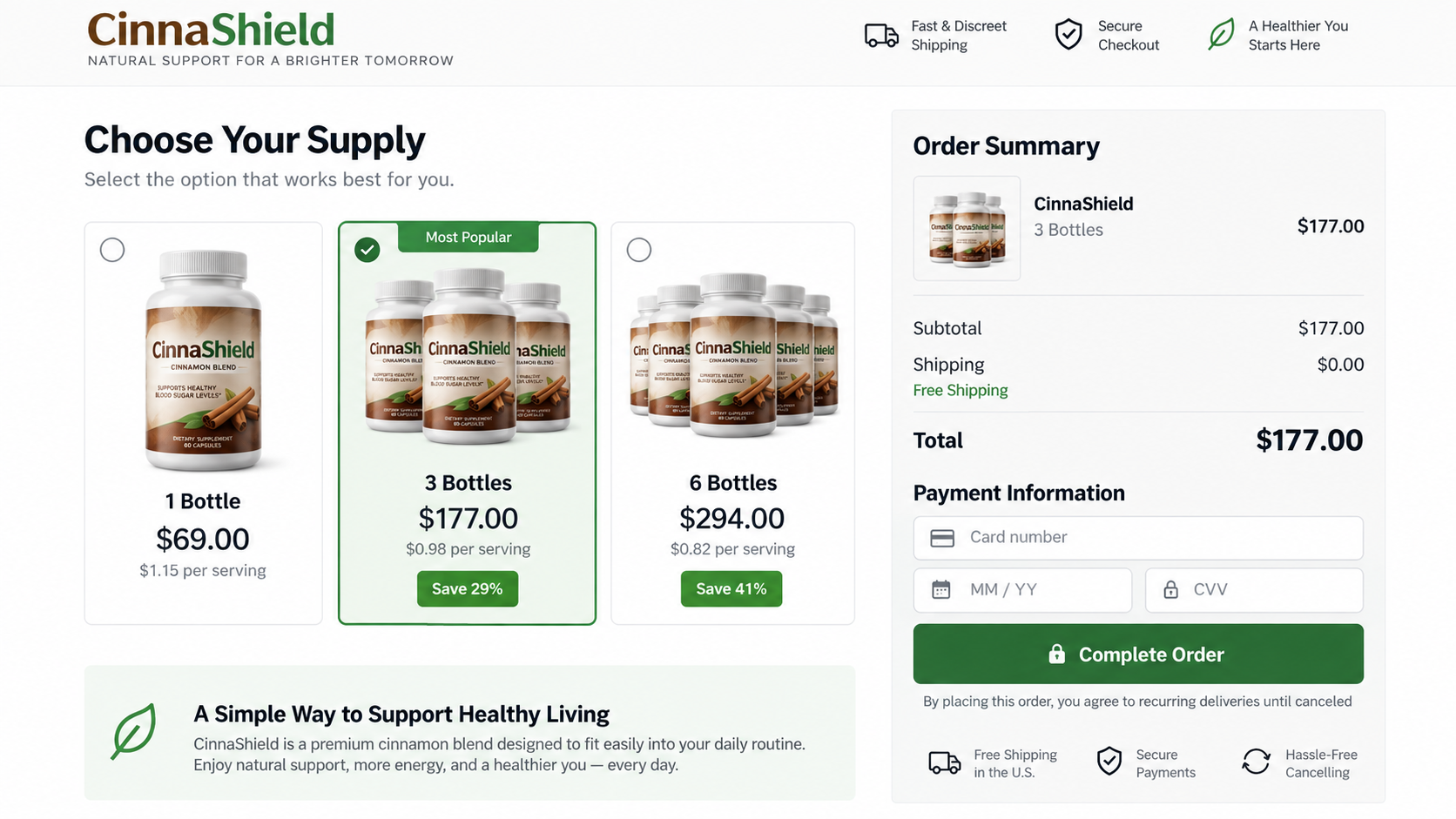Supplement checkout showing CinnaShield bundles and recurring delivery terms