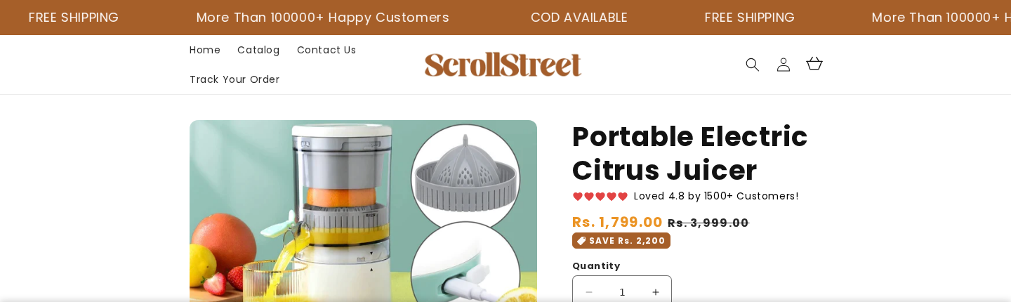 Scrollstreet listing for a portable electric citrus juicer with its promotional price and claims