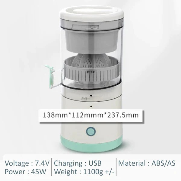 Portable electric citrus juicer specification image showing dimensions, voltage, USB charging, and 45W power