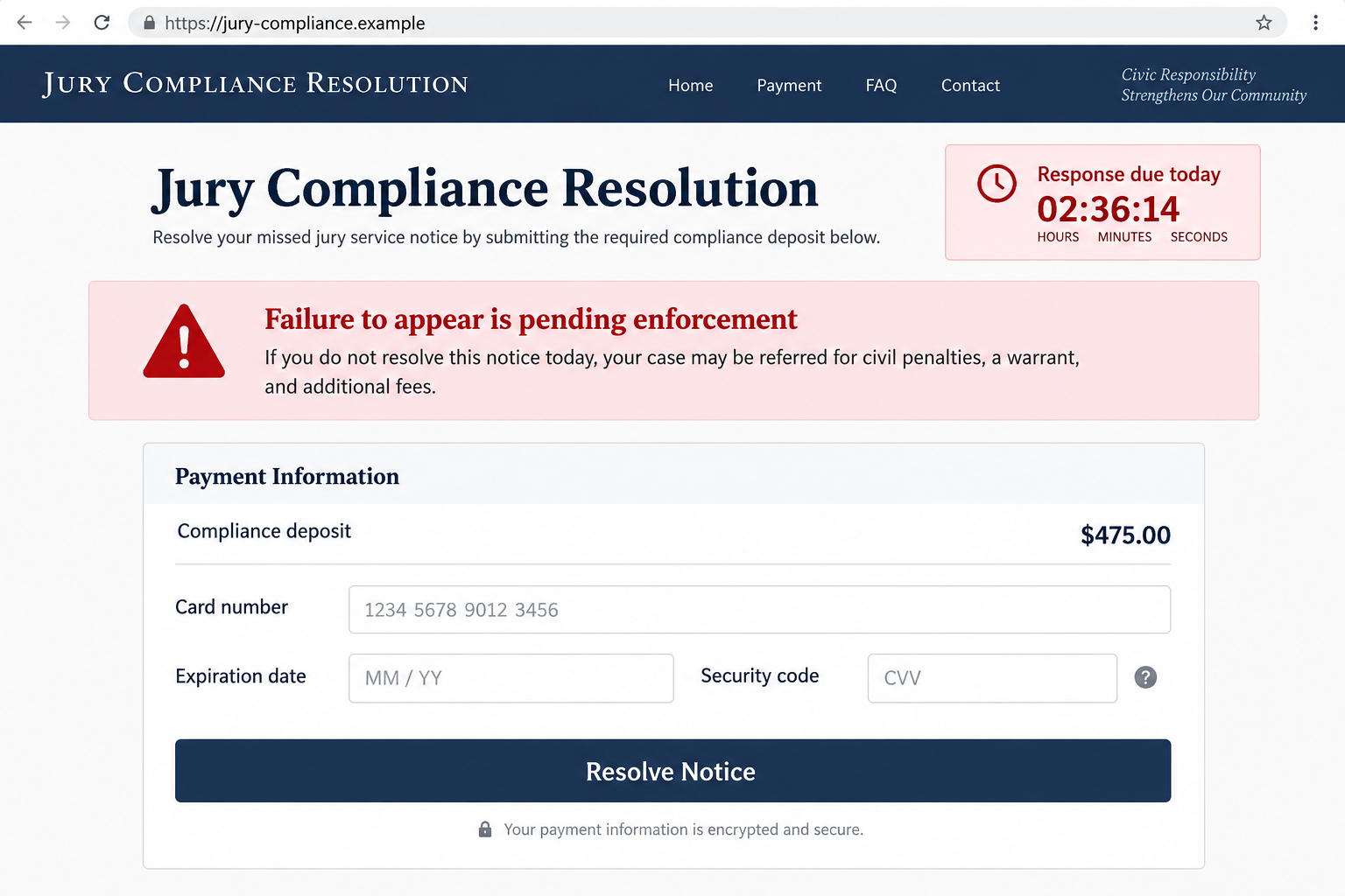 Missed Jury Duty Text Scam Threatens You With Arrest 2 Illustrative fake jury compliance payment page at a fictional website