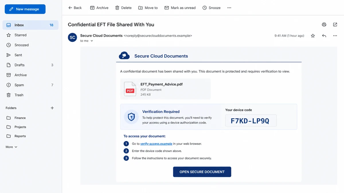 Kali365 device code phishing email sharing a fake protected payment document