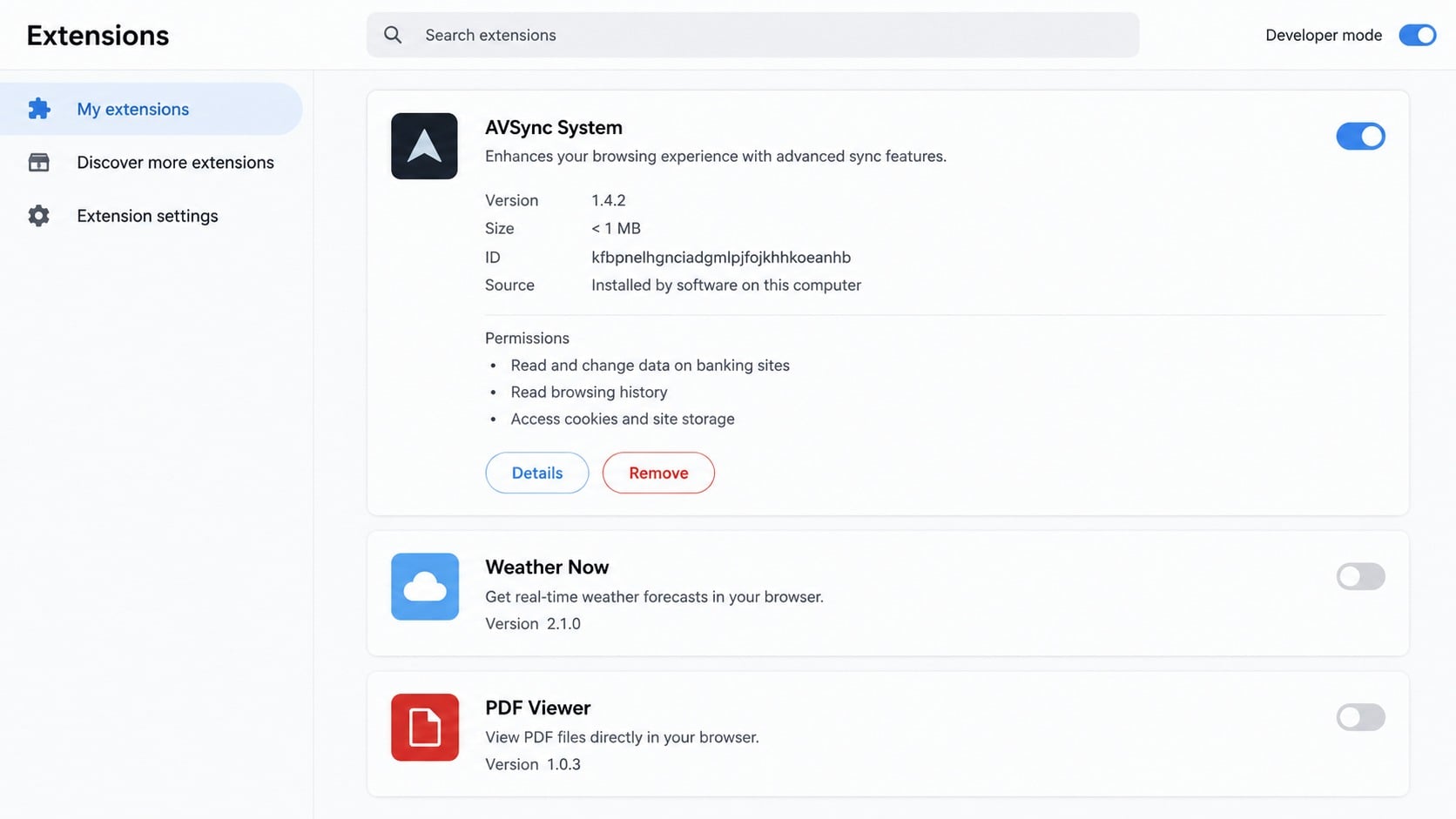 Suspicious AVSync System browser extension installed by KREMLIN
