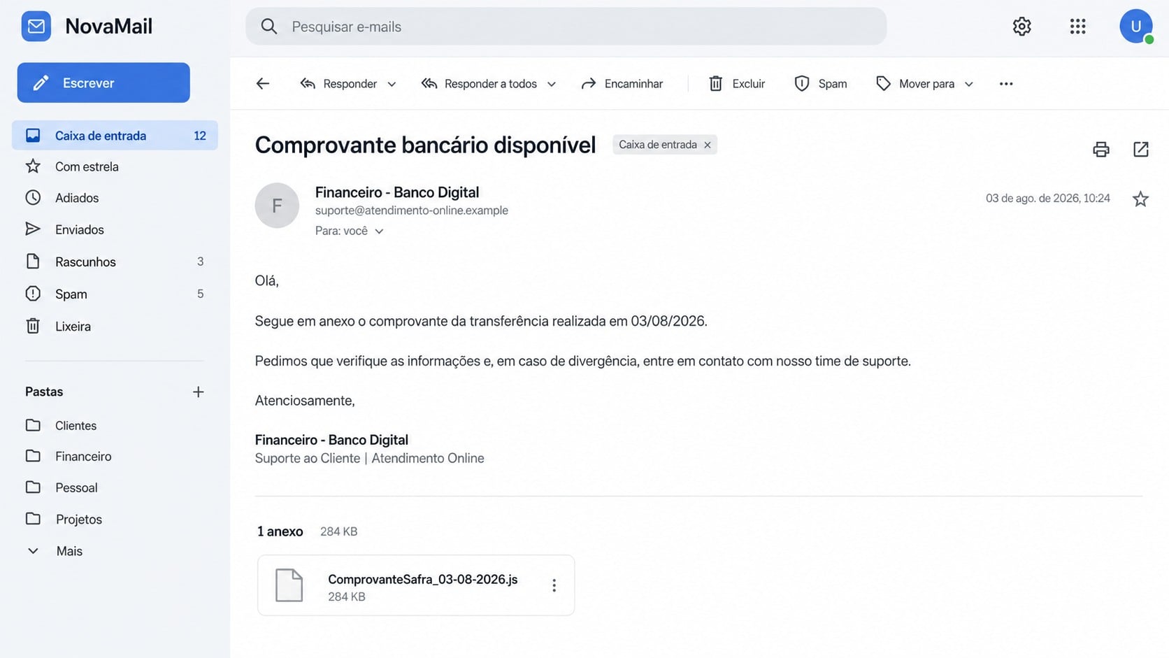 Portuguese banking receipt email carrying a JavaScript attachment