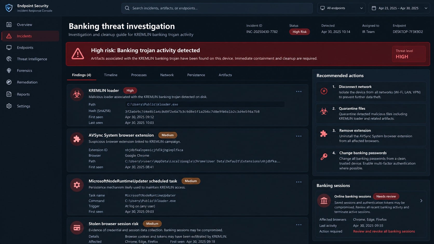 Incident response dashboard for a KREMLIN banking malware infection