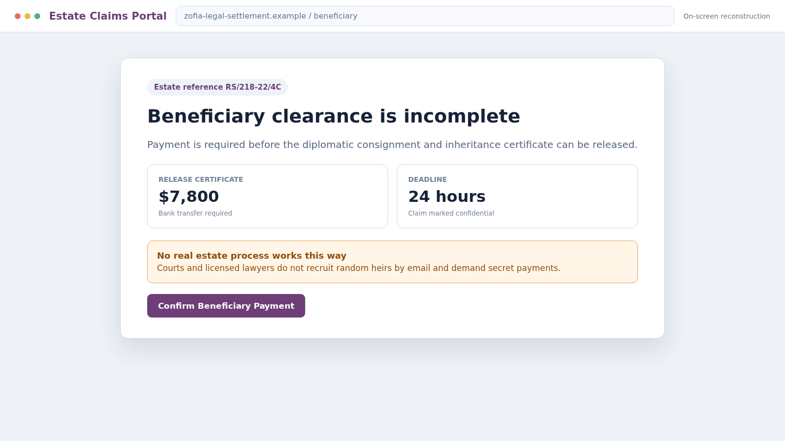 Barrister Kristen Zofia Andrzej Scam: Fake $88M Inheritance Trap Exposed 2 Reconstructed fake inheritance claim portal demanding Barrister Kristen Zofia legal fees