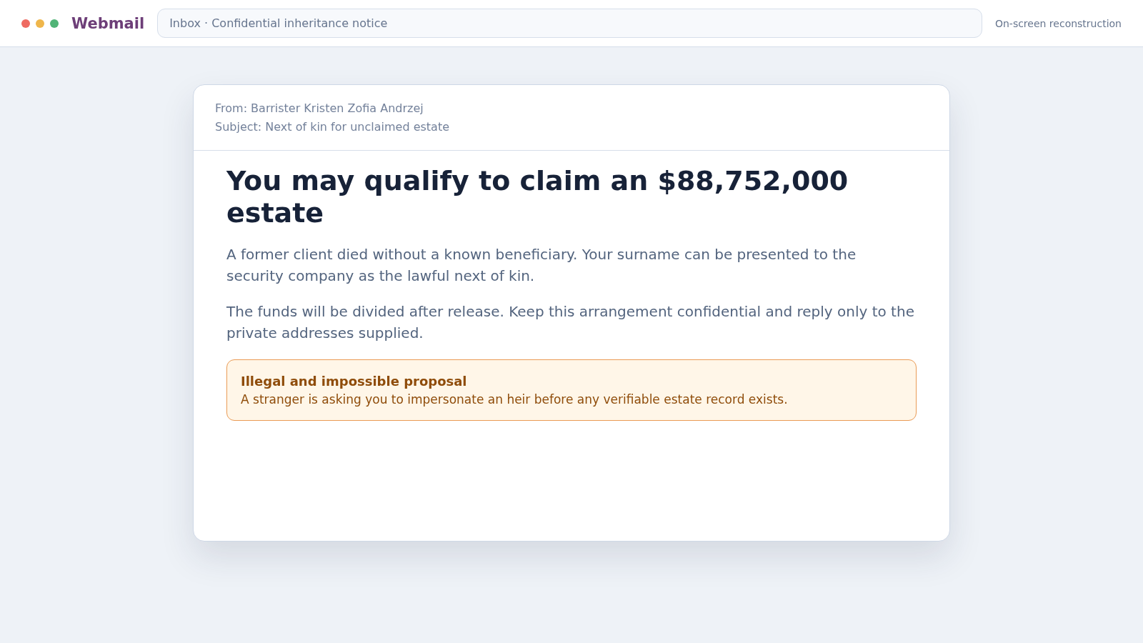 Barrister Kristen Zofia Andrzej Scam: Fake $88M Inheritance Trap Exposed 1 Reconstructed Barrister Kristen Zofia Andrzej scam inheritance email