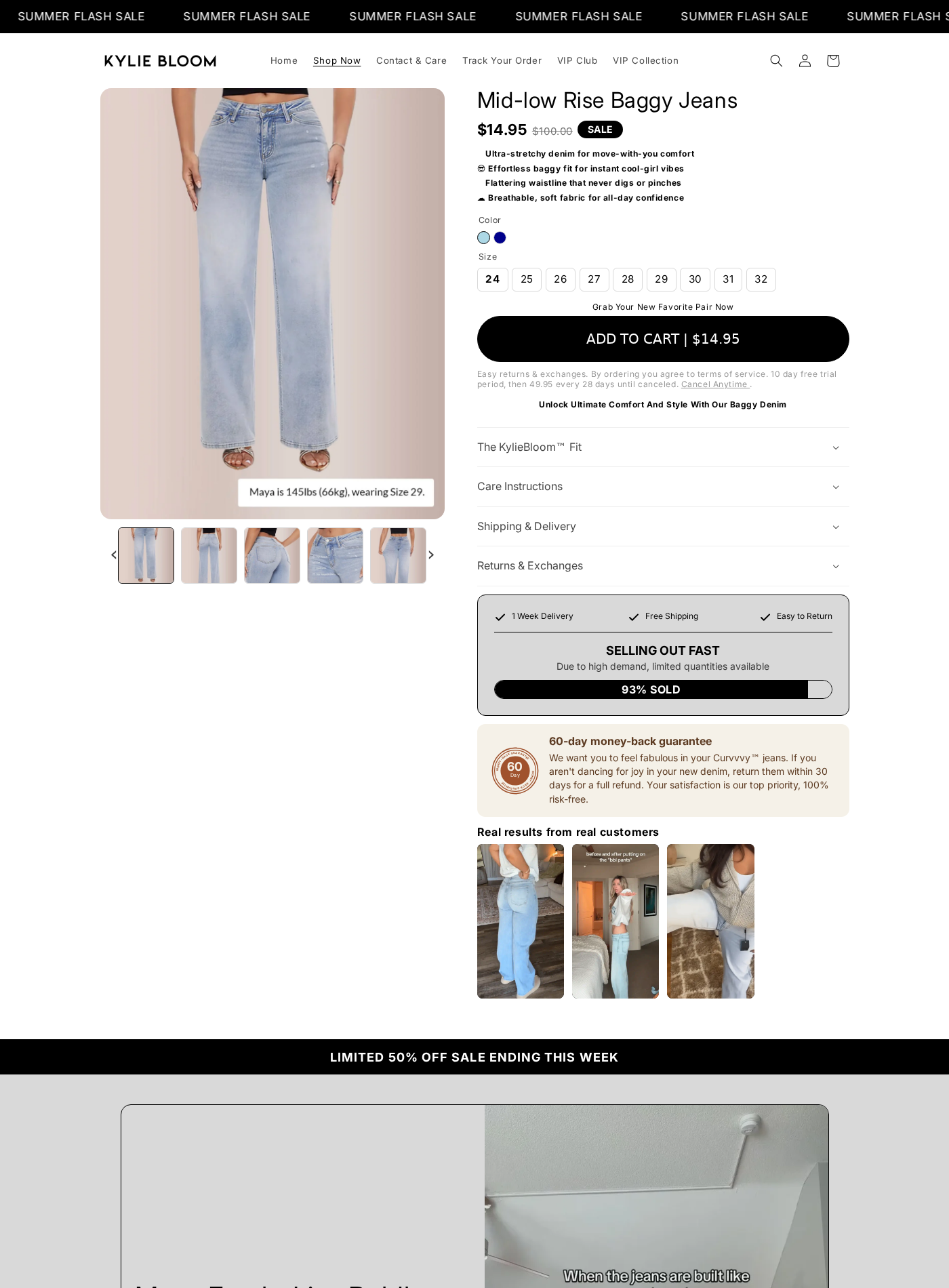 KylieBloom Exposed: $14.95 Jeans Hide a $49.95 VIP Subscription Trap Online 1 KylieBloom jeans page showing a $14.95 price and small print for a $49.95 recurring VIP trial