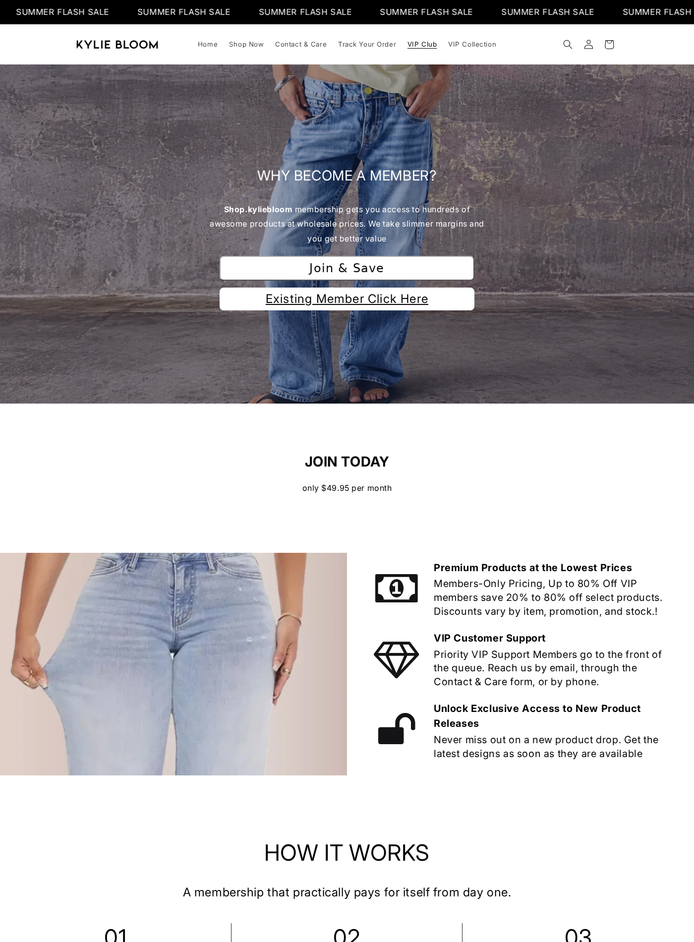 KylieBloom Exposed: $14.95 Jeans Hide a $49.95 VIP Subscription Trap Online 2 KylieBloom VIP Club page describing monthly member benefits and a $49.95 membership price