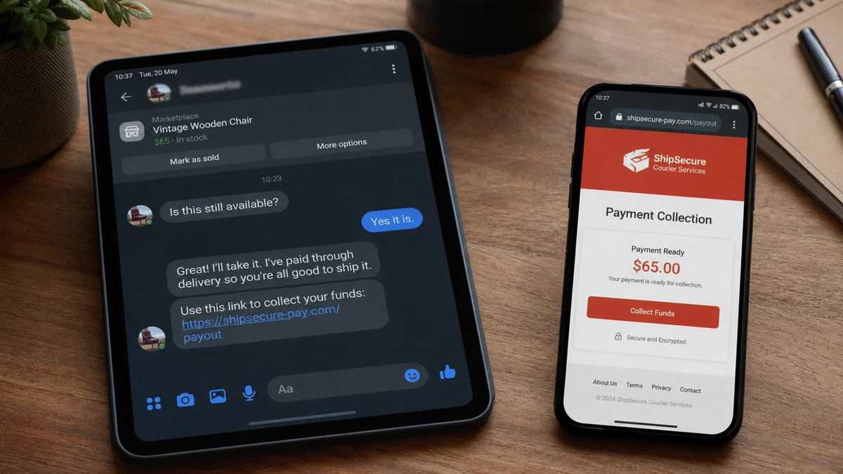 Fake Lalamove Payment Link Targets Marketplace Sellers 2 Realistic tablet and phone reconstruction of a Marketplace buyer sending a fictional courier Collect Funds phishing link