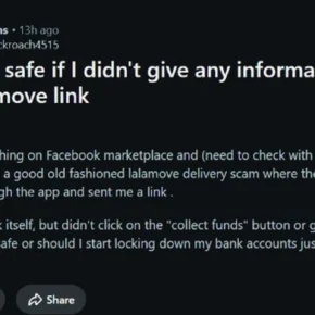 Authentic Reddit report from a Facebook Marketplace seller who opened a suspicious Lalamove collect funds link without entering bank information