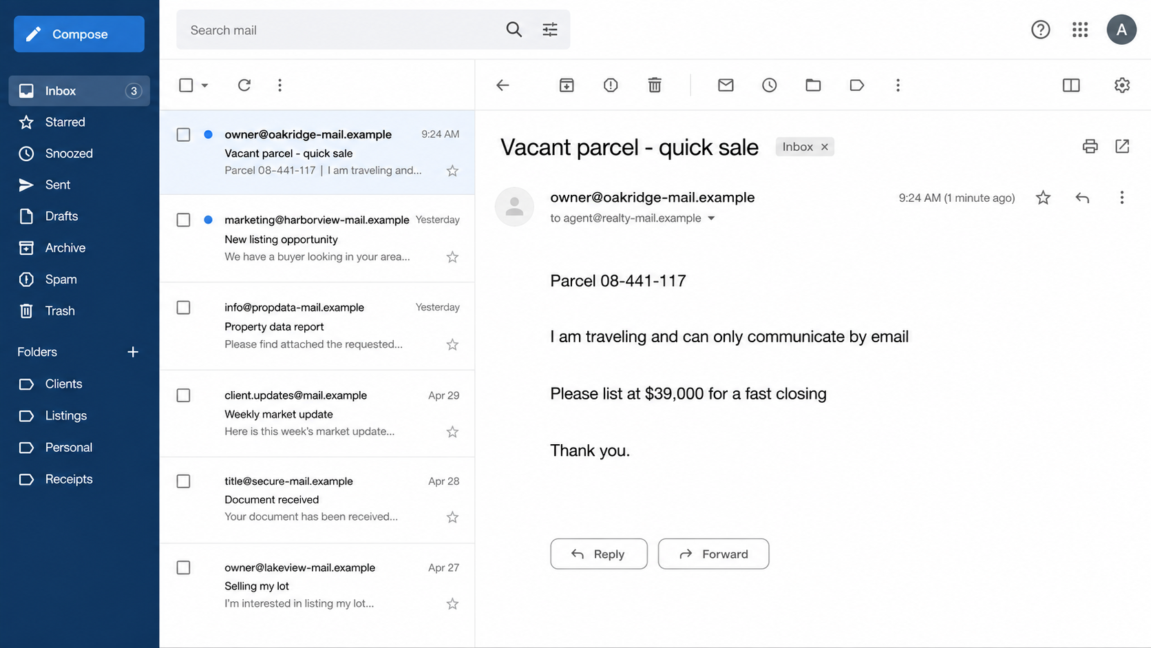 Email from an impostor claiming to own a vacant parcel and requesting a fast remote sale