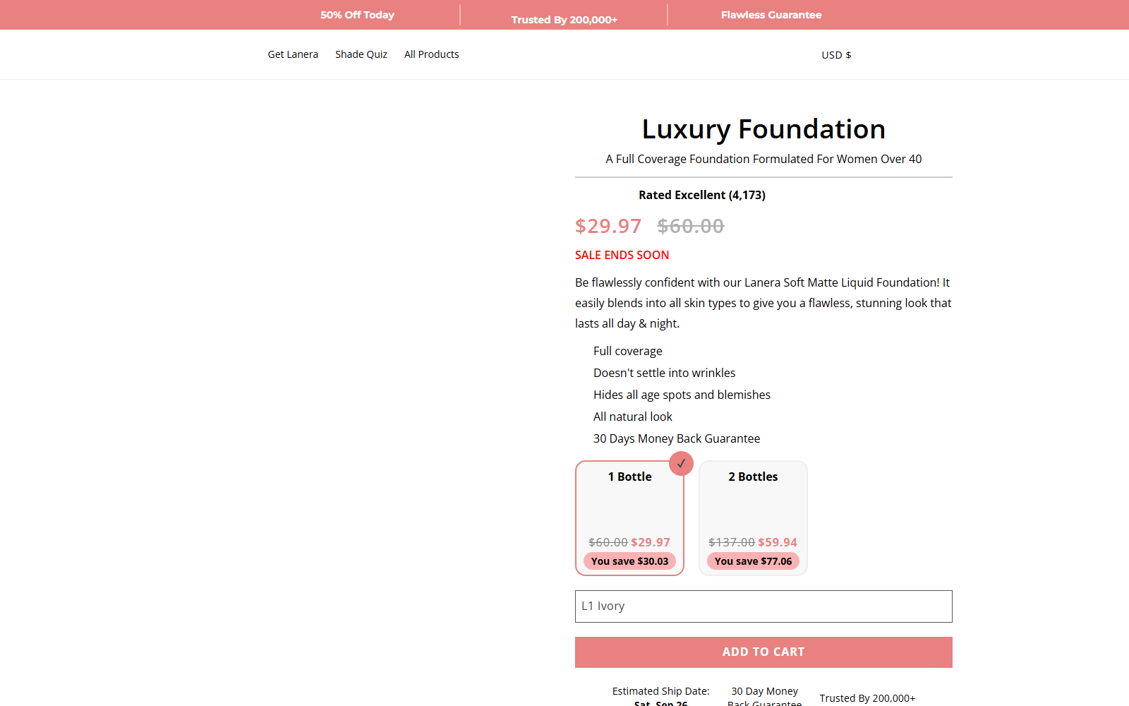 Lanera Foundation product page showing pricing and coverage claims for mature skin