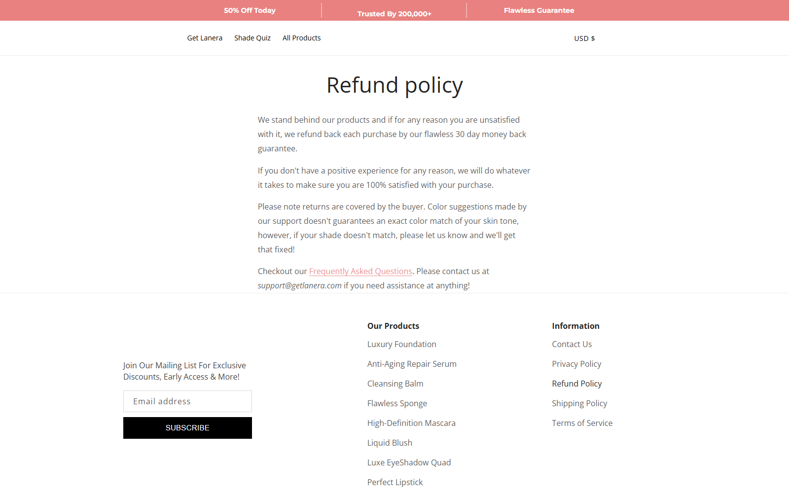 Lanera refund policy stating a 30-day guarantee and buyer-paid return costs