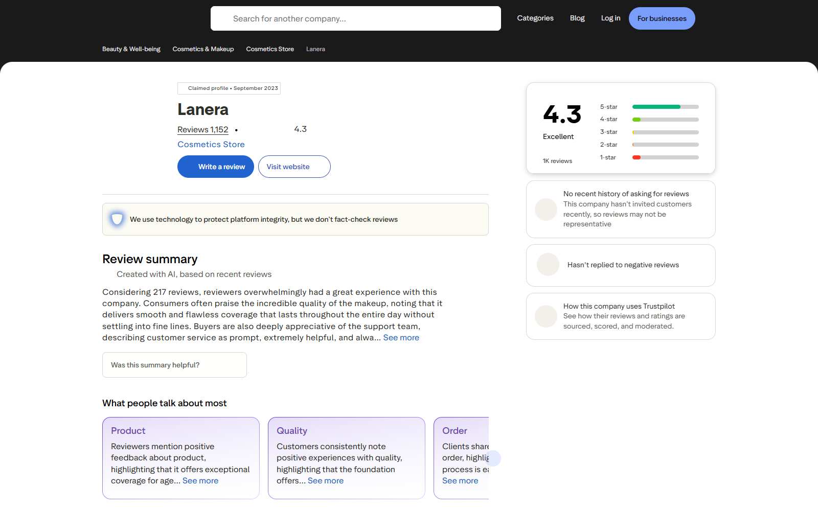 Correct getlanera.com review profile showing a 4.3 rating from more than one thousand reviews