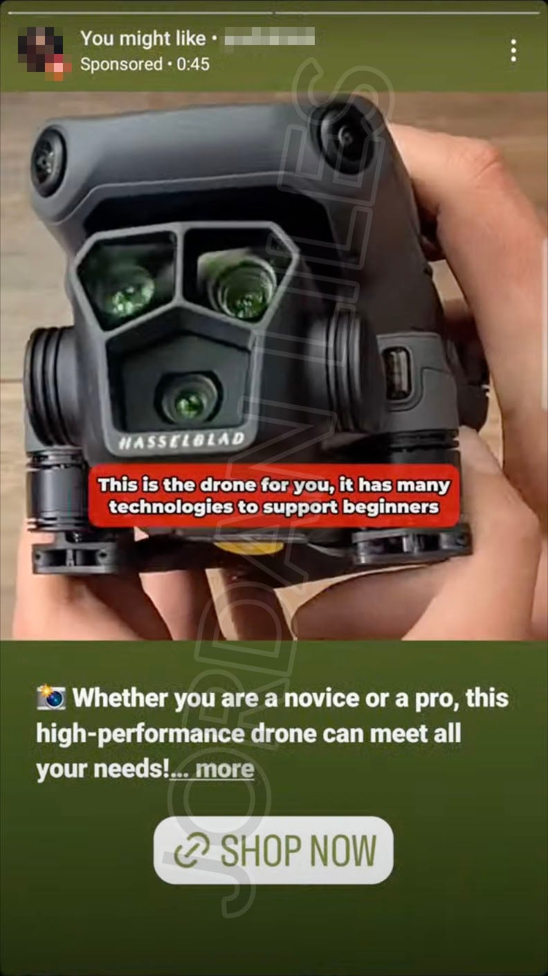 Social media advertisement promoting the Lanus triple camera drone to beginners