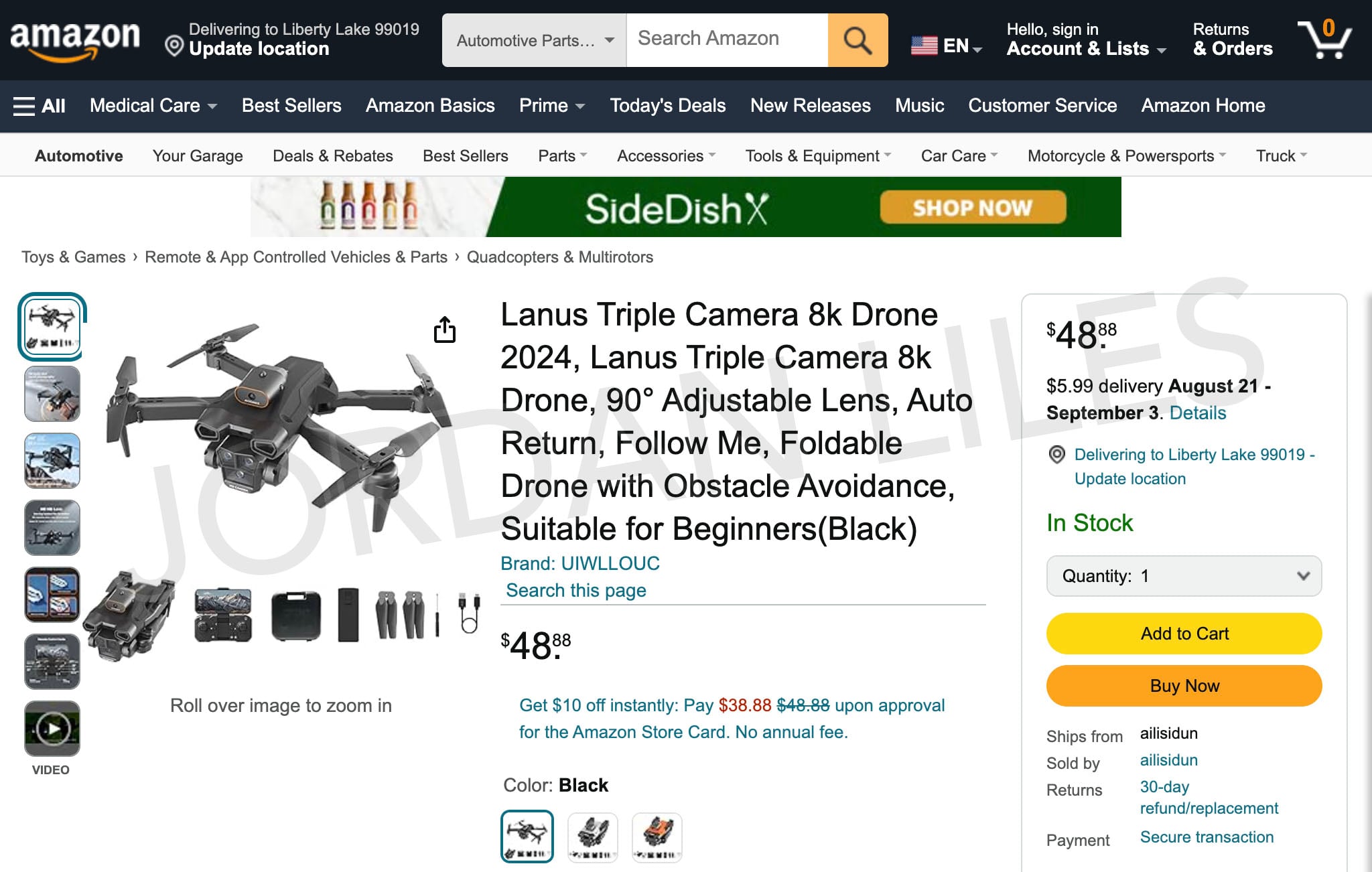 Marketplace listing showing a lower-cost Lanus-branded folding drone