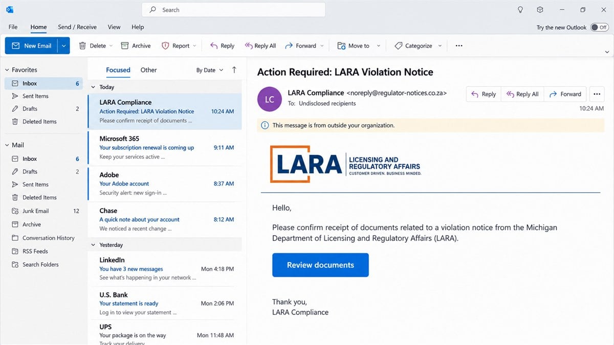 Reconstruction of a fake LARA violation notice email showing an unrelated sender domain