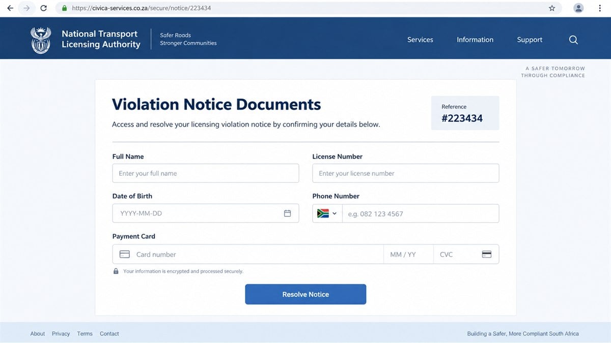 Reconstruction of a fake violation portal collecting license identity and payment details