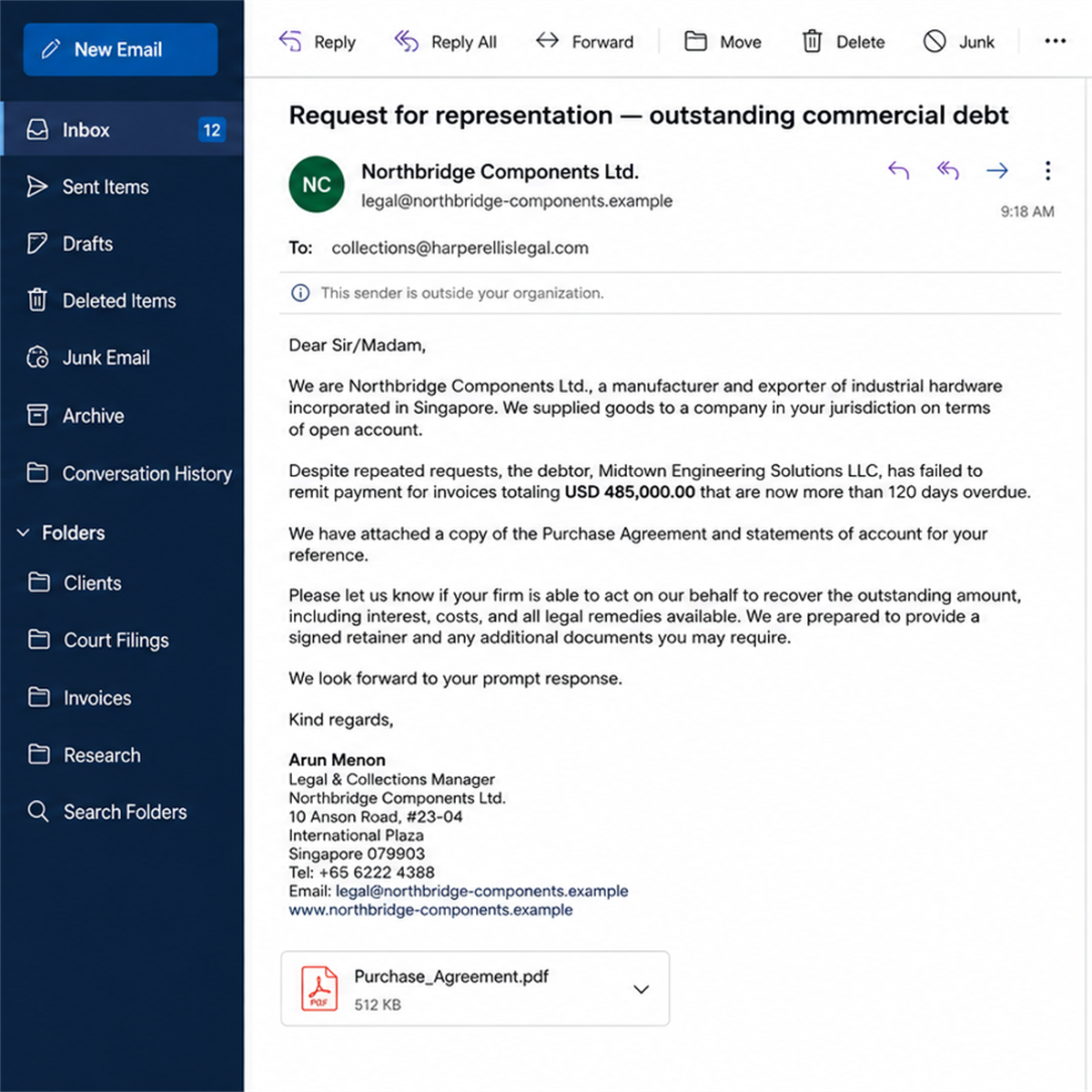 Fake Debt Collection Check Scam Targets Law Firms 1 Illustrative email from a fake commercial creditor seeking debt collection representation