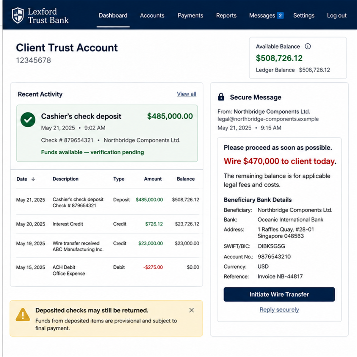 Fake Debt Collection Check Scam Targets Law Firms 2 Illustrative law firm trust account showing provisional check funds and an urgent wire request