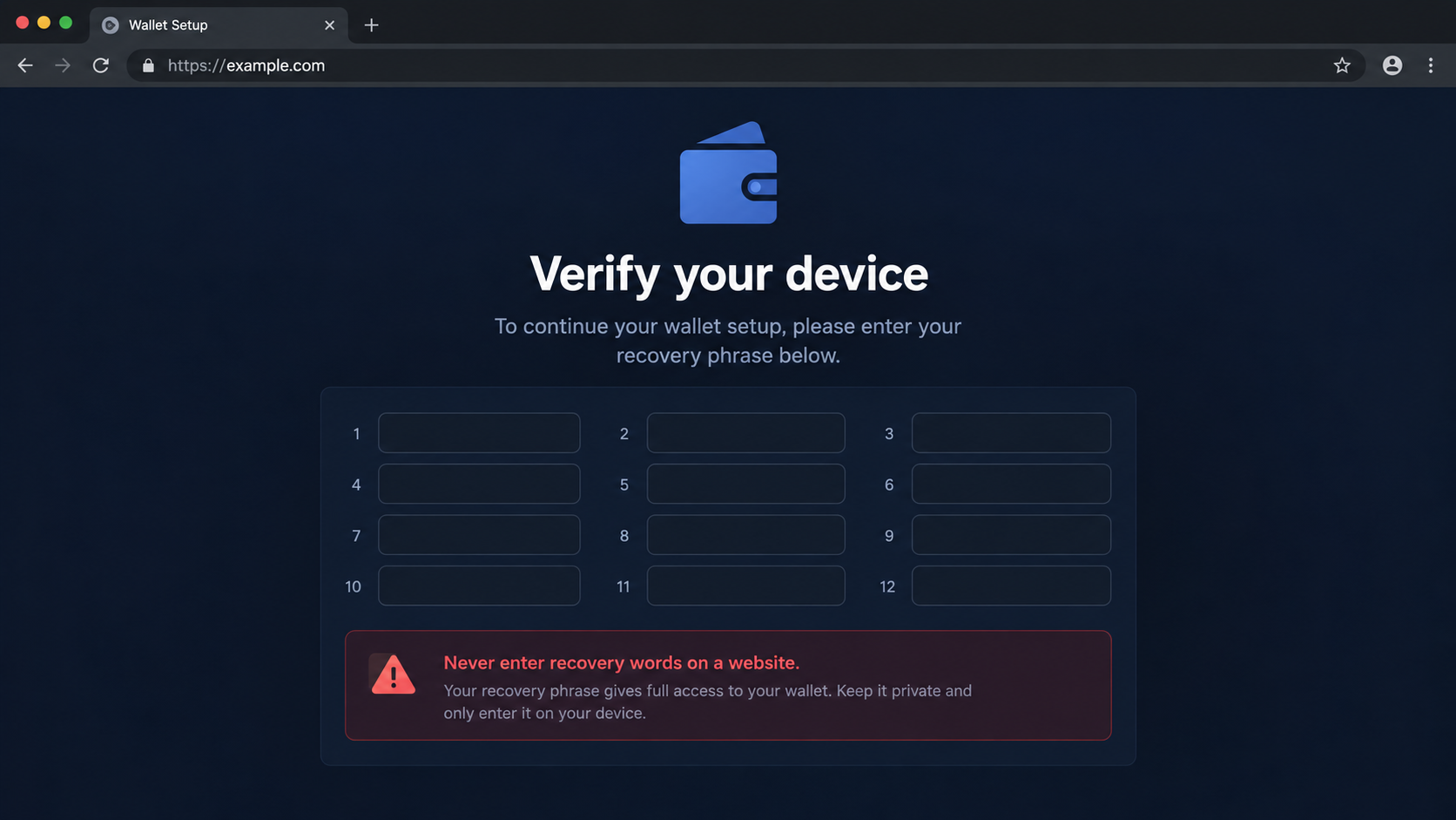 Illustrative fake wallet verification page with blank recovery-word fields and a safety warning
