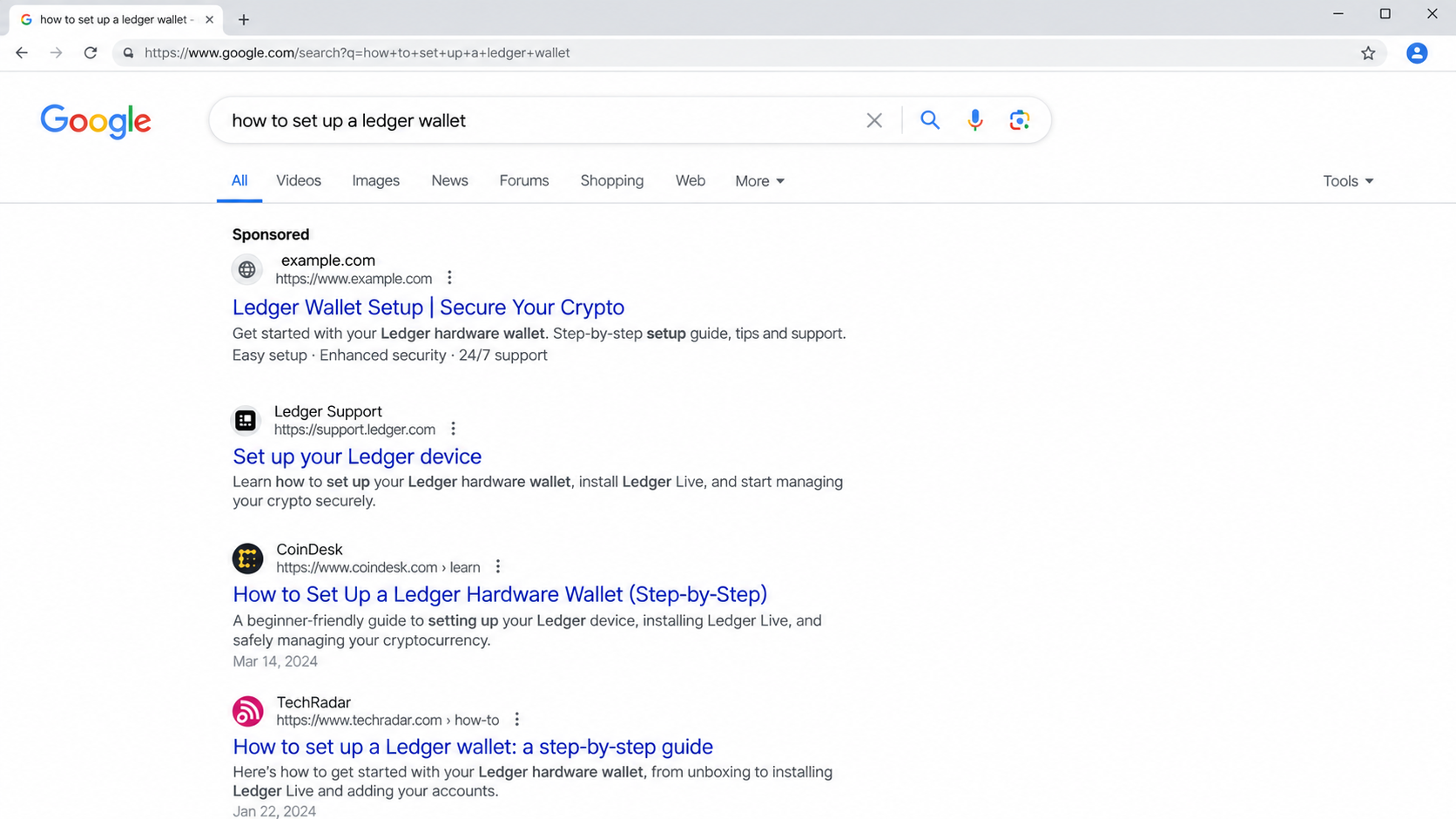 Illustrative sponsored Ledger setup search result showing an unrelated destination above genuine support results