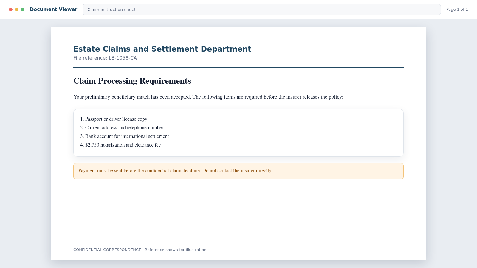 Lindfield and Bach LLP Scam: Fake $10M Inheritance Offer Exposed Today 2 Reconstructed Lindfield and Bach claim instruction sheet requesting identity documents, banking details, and a $2,750 clearance fee