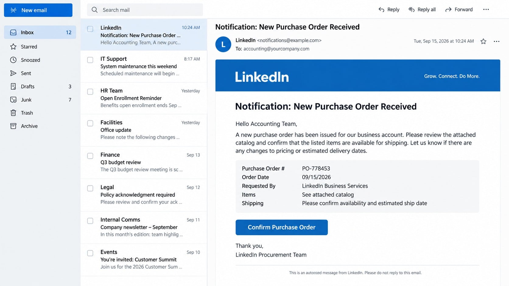 Recreated LinkedIn new purchase order phishing email aimed at a business