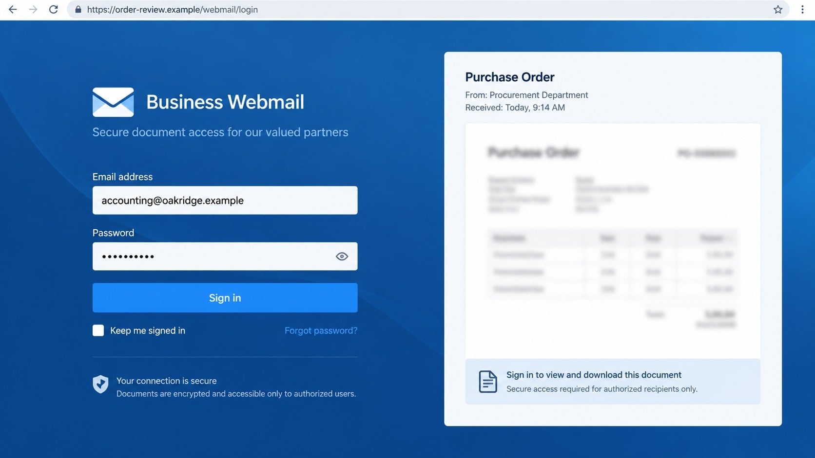 Recreated fake webmail login opened by the purchase order button