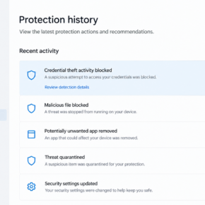 Illustrative security history screen showing credential theft behavior blocked