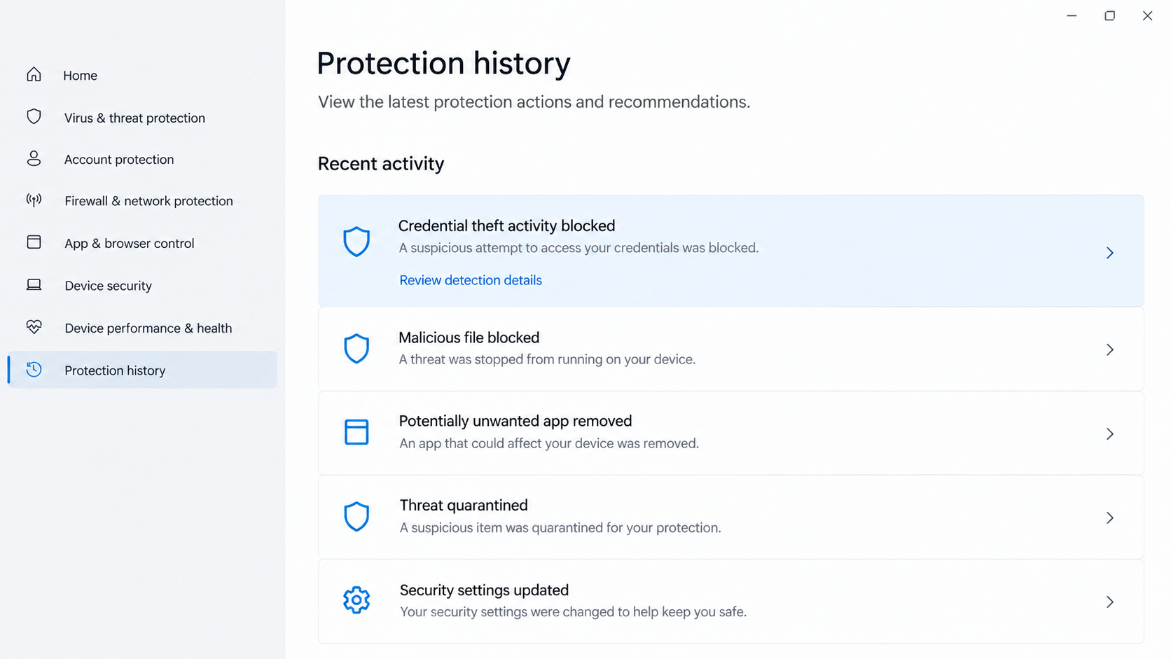 Illustrative security history screen showing credential theft behavior blocked