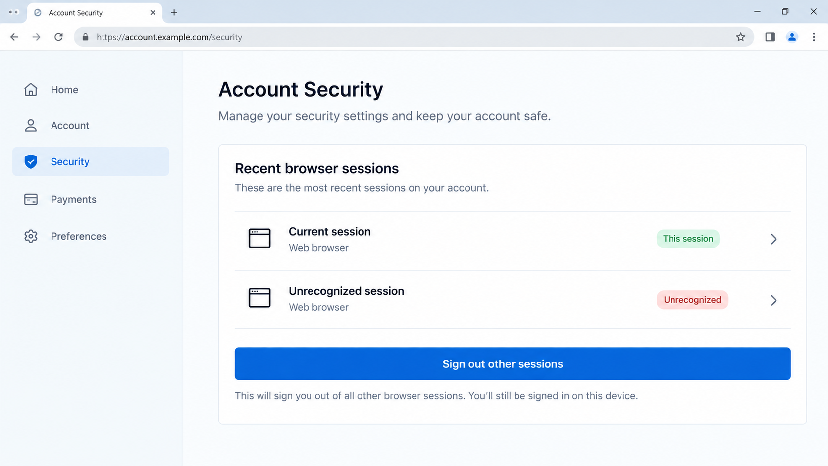 Illustrative account security page with an unrecognized browser session and sign-out control