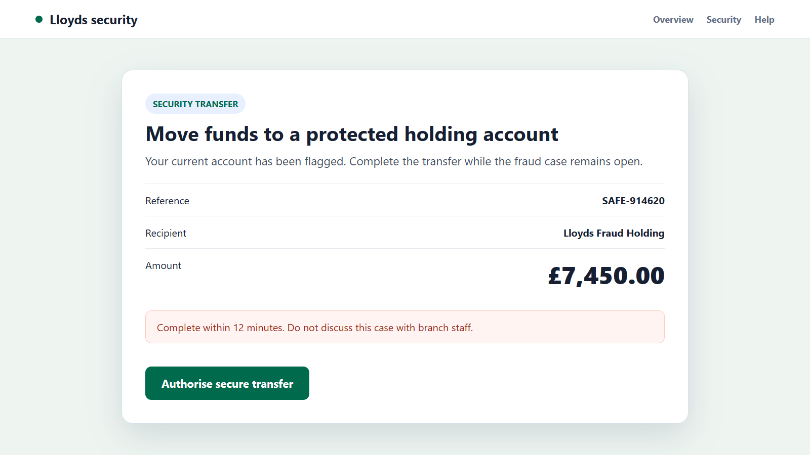 Lloyds Bank Scam Alert: How Fake Fraud Calls Can Quickly Empty Your Account 2 Reconstructed fake Lloyds safe account transfer page demanding urgent payment