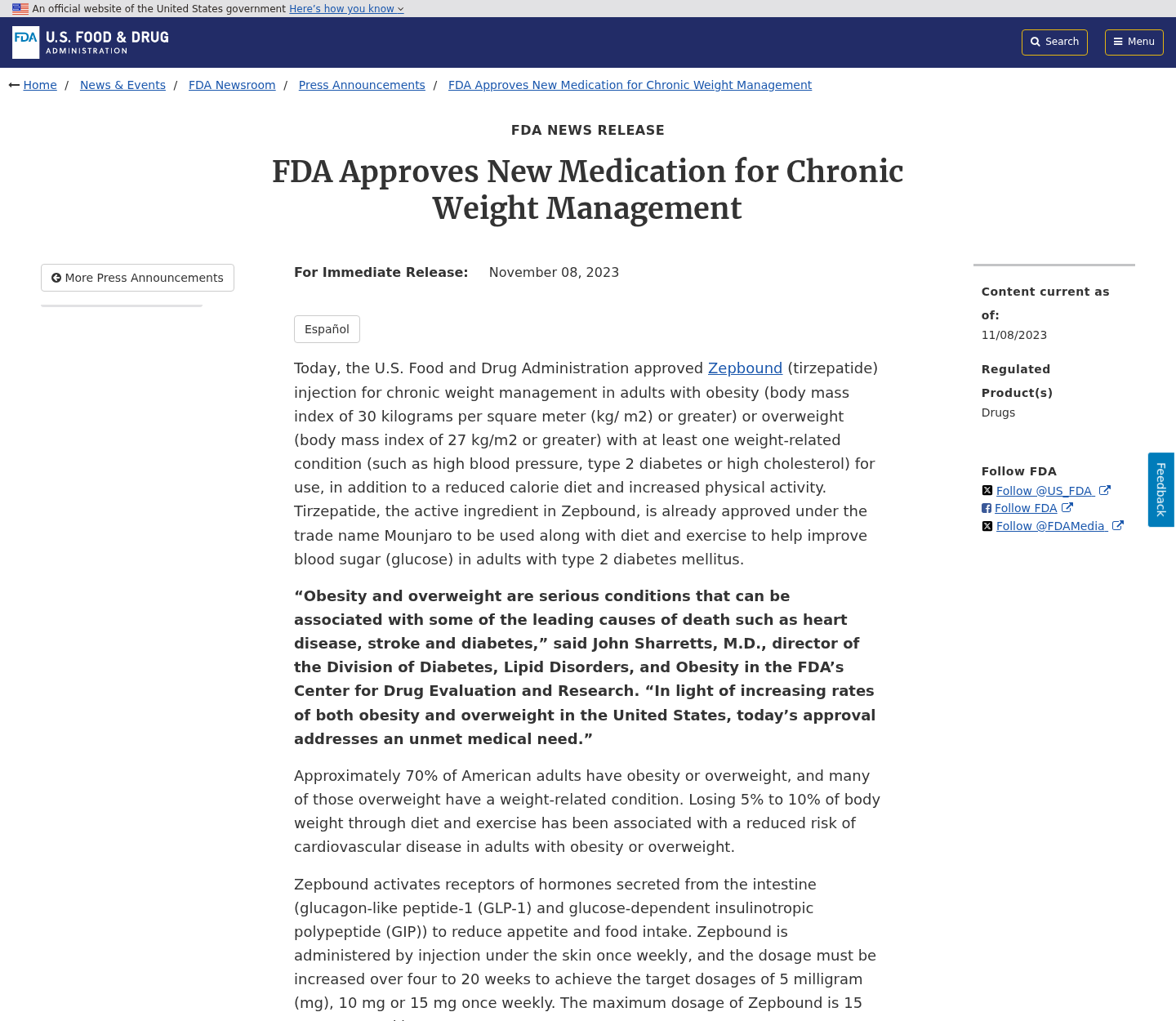 FDA announcement identifying approved tirzepatide for weight management as a prescription injection
