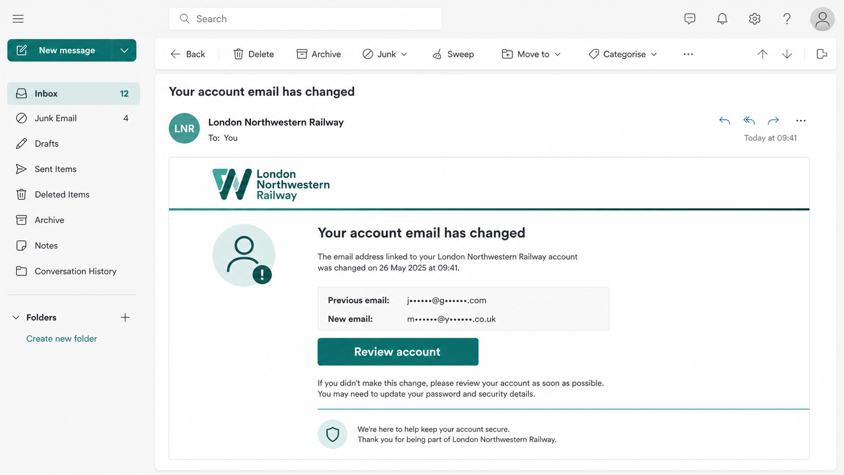 London Northwestern Railway Email Exposed: Scam or Technical Error Alert? 1 Example London Northwestern Railway account email change alert in a webmail inbox