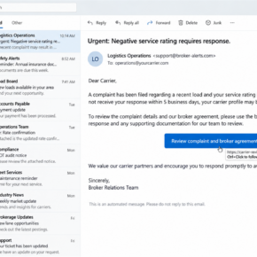 Reconstruction of a freight phishing email using a negative service rating as bait