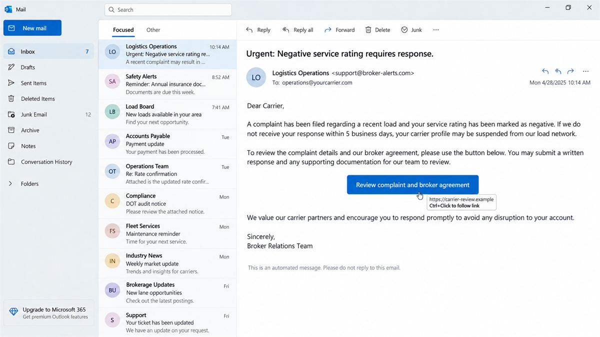 Load Board Cargo Theft Scam Hijacks Real Shipments 1 Reconstruction of a freight phishing email using a negative service rating as bait