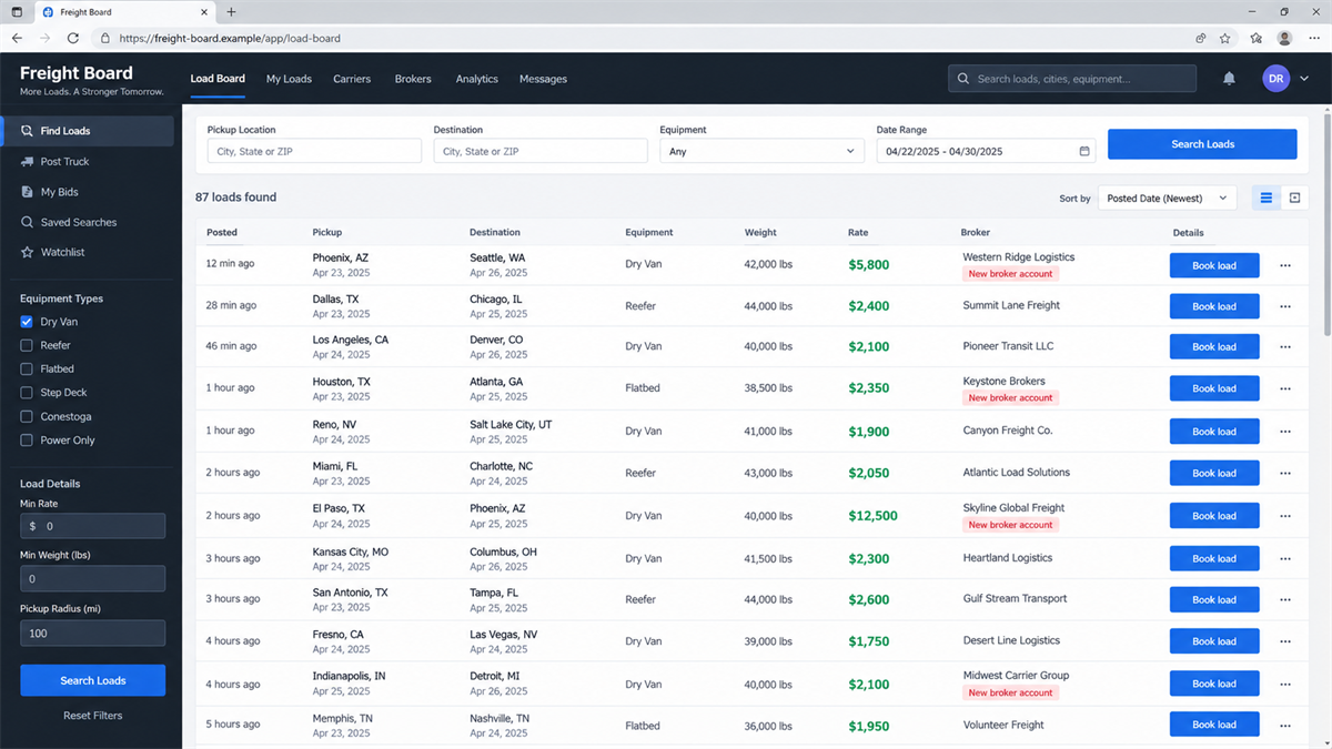 Load Board Cargo Theft Scam Hijacks Real Shipments 2 Reconstruction of a freight load board containing suspicious high-value listings