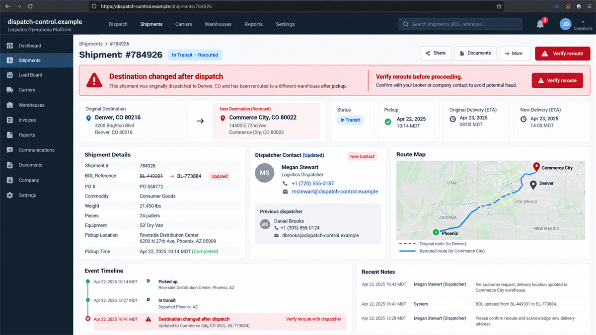 Load Board Cargo Theft Scam Hijacks Real Shipments 3 Reconstruction of a shipment dashboard warning that the destination changed after dispatch
